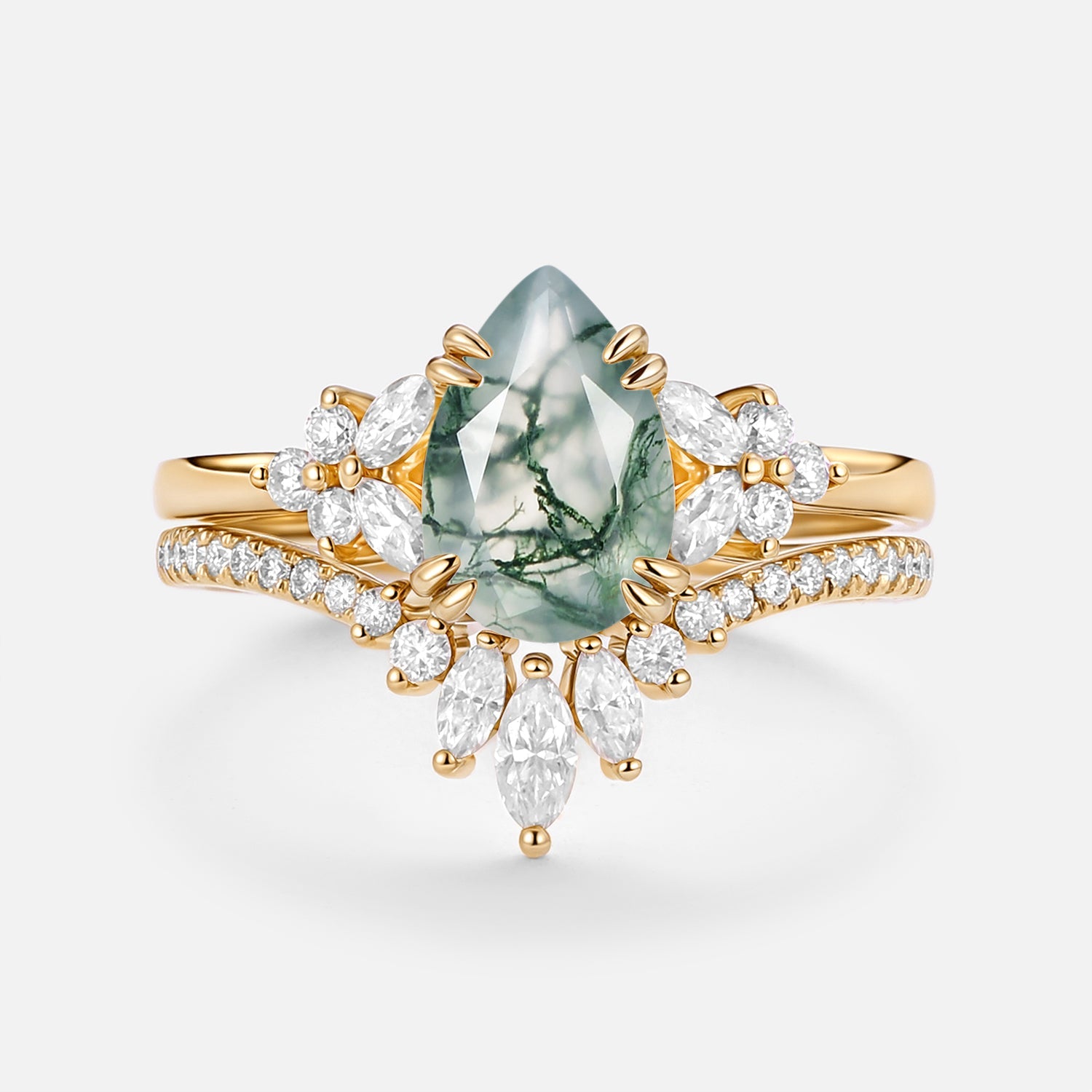 Cluster Pear Shaped Moss Agate Chevron Gold Ring Set 2pcs - Della