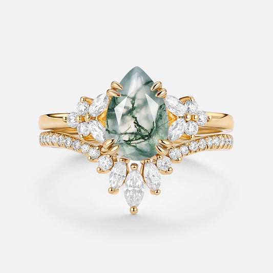 Cluster Pear Shaped Moss Agate Chevron Gold Ring Set 2pcs - Della