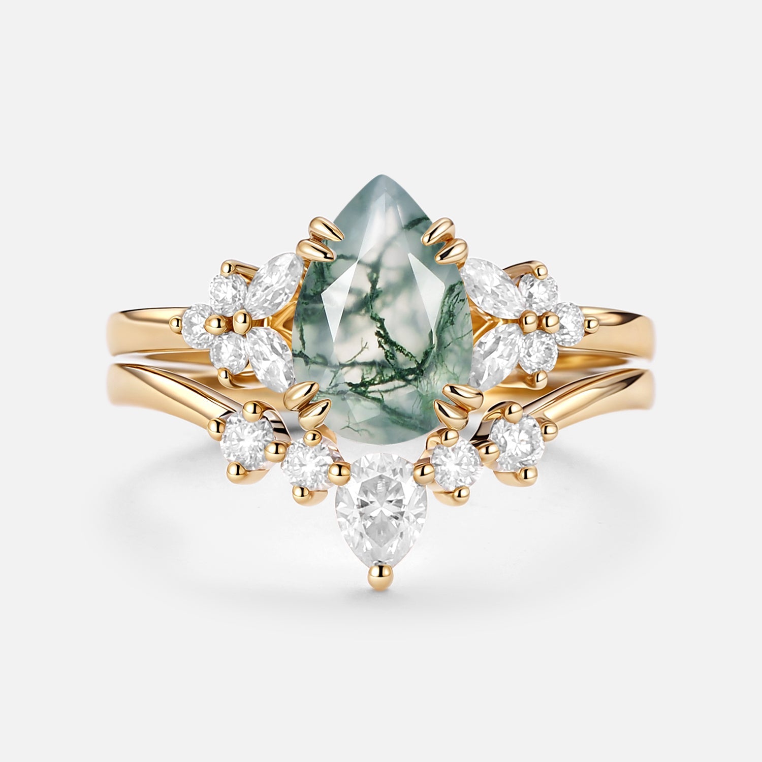 Pear Shaped Moss Agate Cluster Chevron Gold Ring Set 2pcs - Cerys