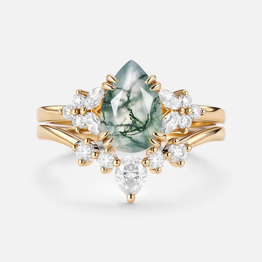 Pear Shaped Moss Agate Cluster Chevron Gold Ring Set 2pcs - Cerys