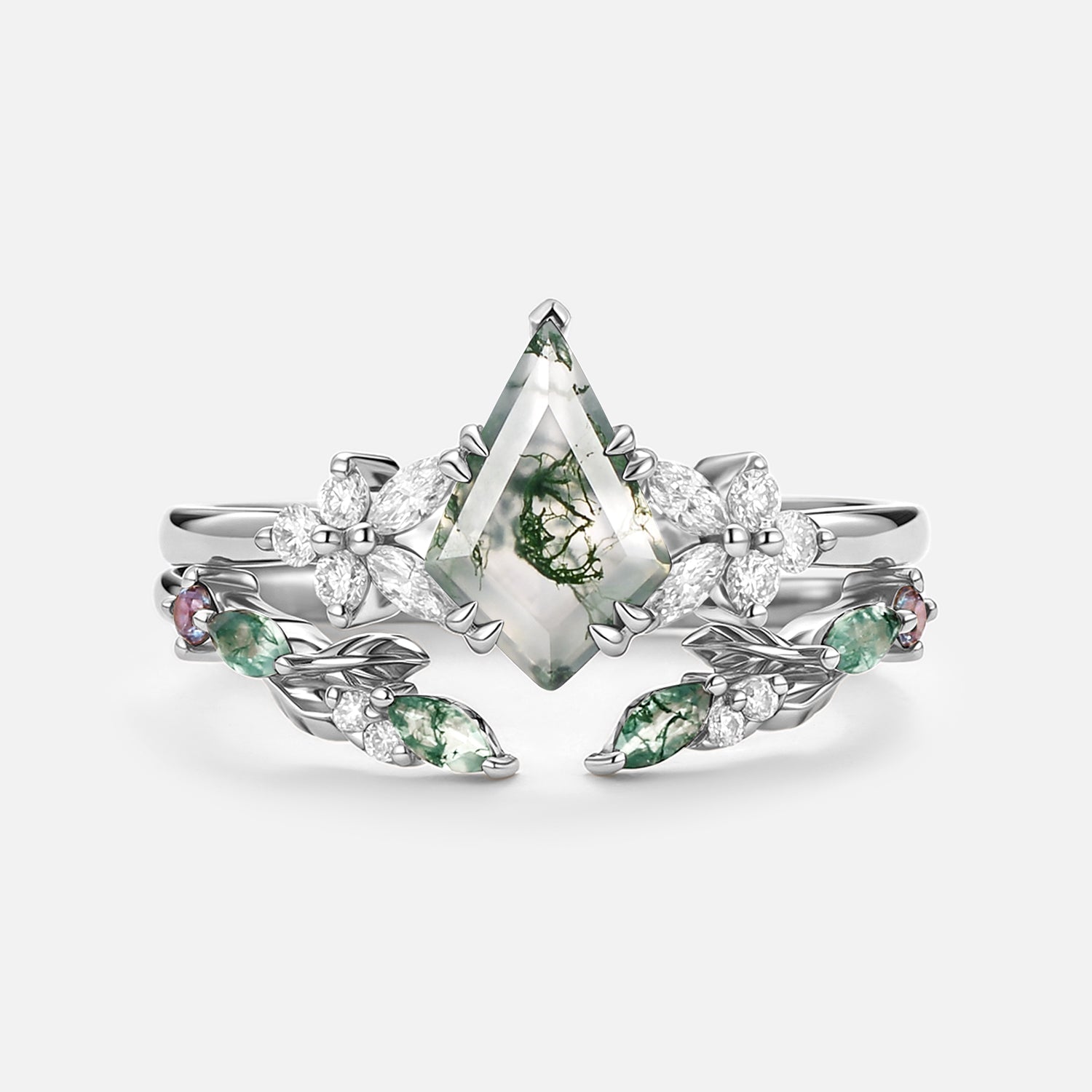 Kite Cut Moss Agate Leafy Engagement Ring Set 2pcs - Zephyr