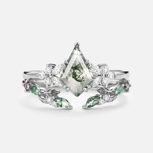 Kite Cut Moss Agate Leafy Engagement Ring Set 2pcs - Zephyr