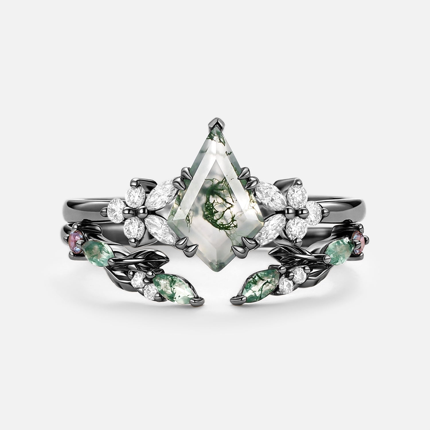 Kite Cut Moss Agate Leafy Engagement Ring Set 2pcs - Zephyr
