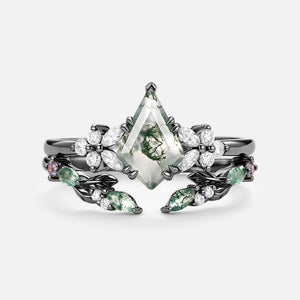 Kite Cut Moss Agate Leafy Engagement Ring Set 2pcs - Zephyr