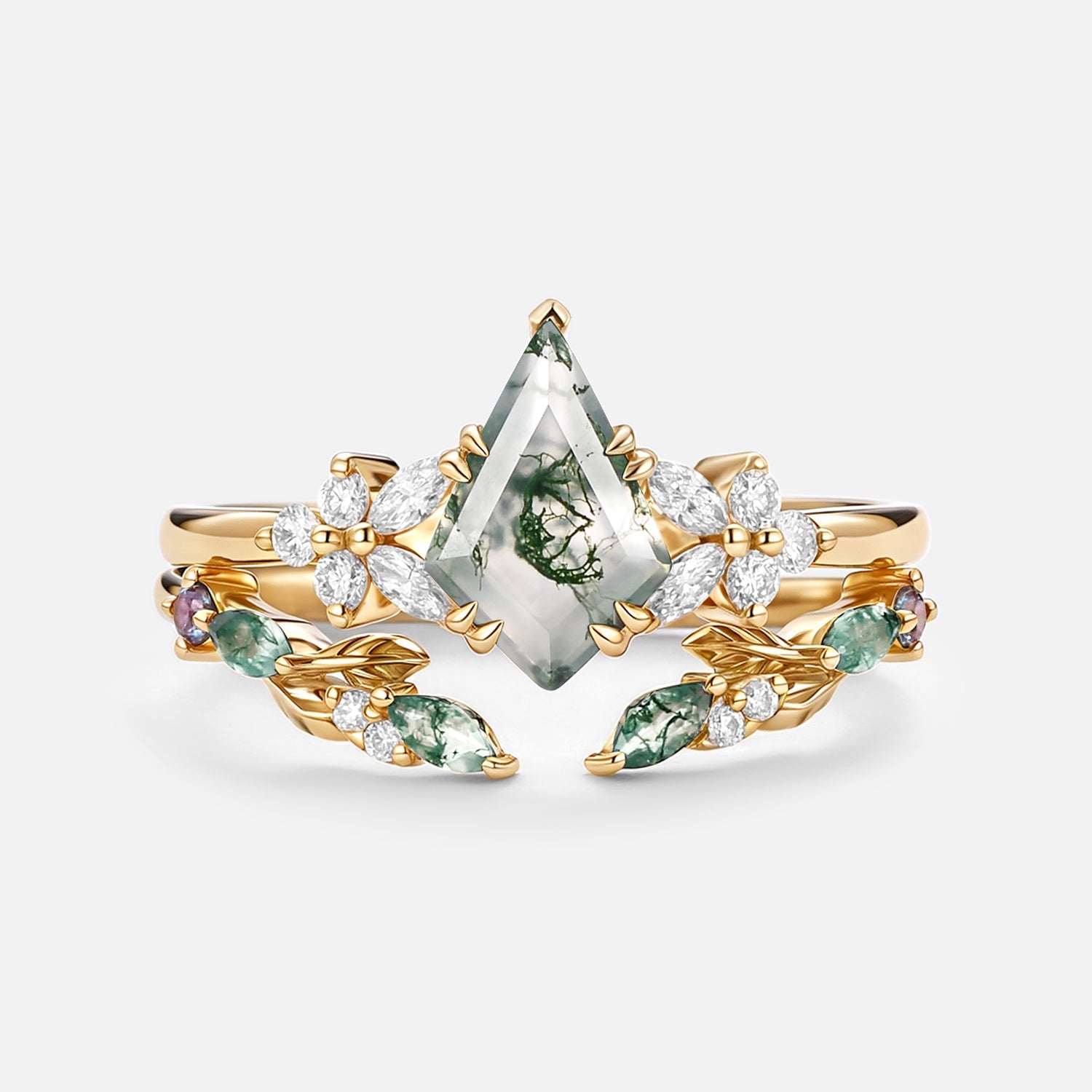 Kite Cut Moss Agate Leafy Engagement Ring Set 2pcs - Zephyr