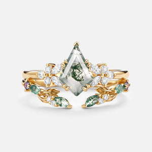 Kite Cut Moss Agate Leafy Engagement Ring Set 2pcs - Zephyr