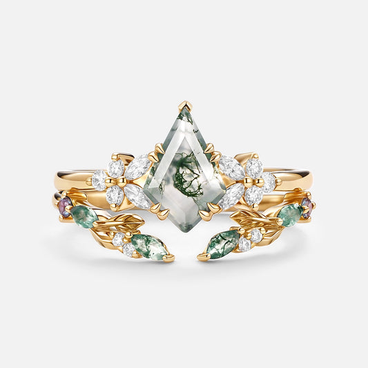 Kite Cut Moss Agate Leafy Engagement Ring Set 2pcs - Zephyr
