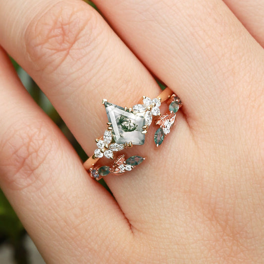 Kite Cut Moss Agate Leafy Engagement Ring Set 2pcs - Zephyr