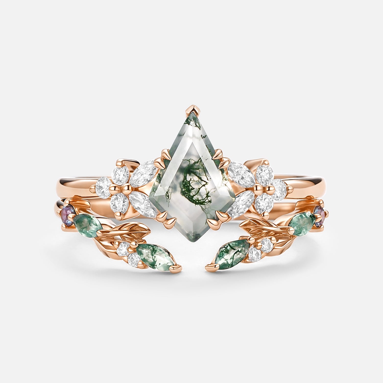 Kite Cut Moss Agate Leafy Engagement Ring Set 2pcs - Zephyr