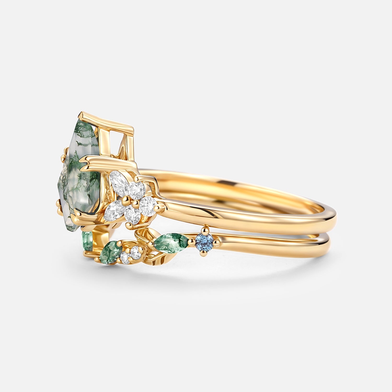 Kite Cut Moss Agate Leafy Engagement Ring Set 2pcs - Zephyr