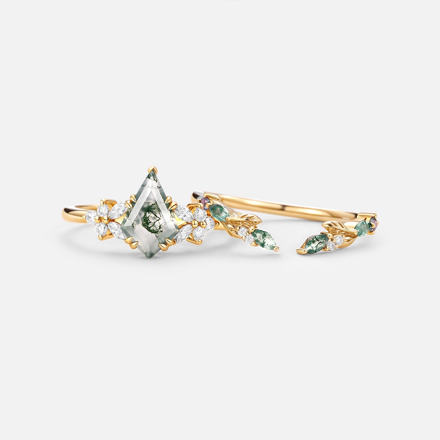 Kite Cut Moss Agate Leafy Engagement Ring Set 2pcs - Zephyr