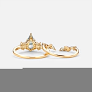 Kite Cut Moss Agate Leafy Engagement Ring Set 2pcs - Zephyr
