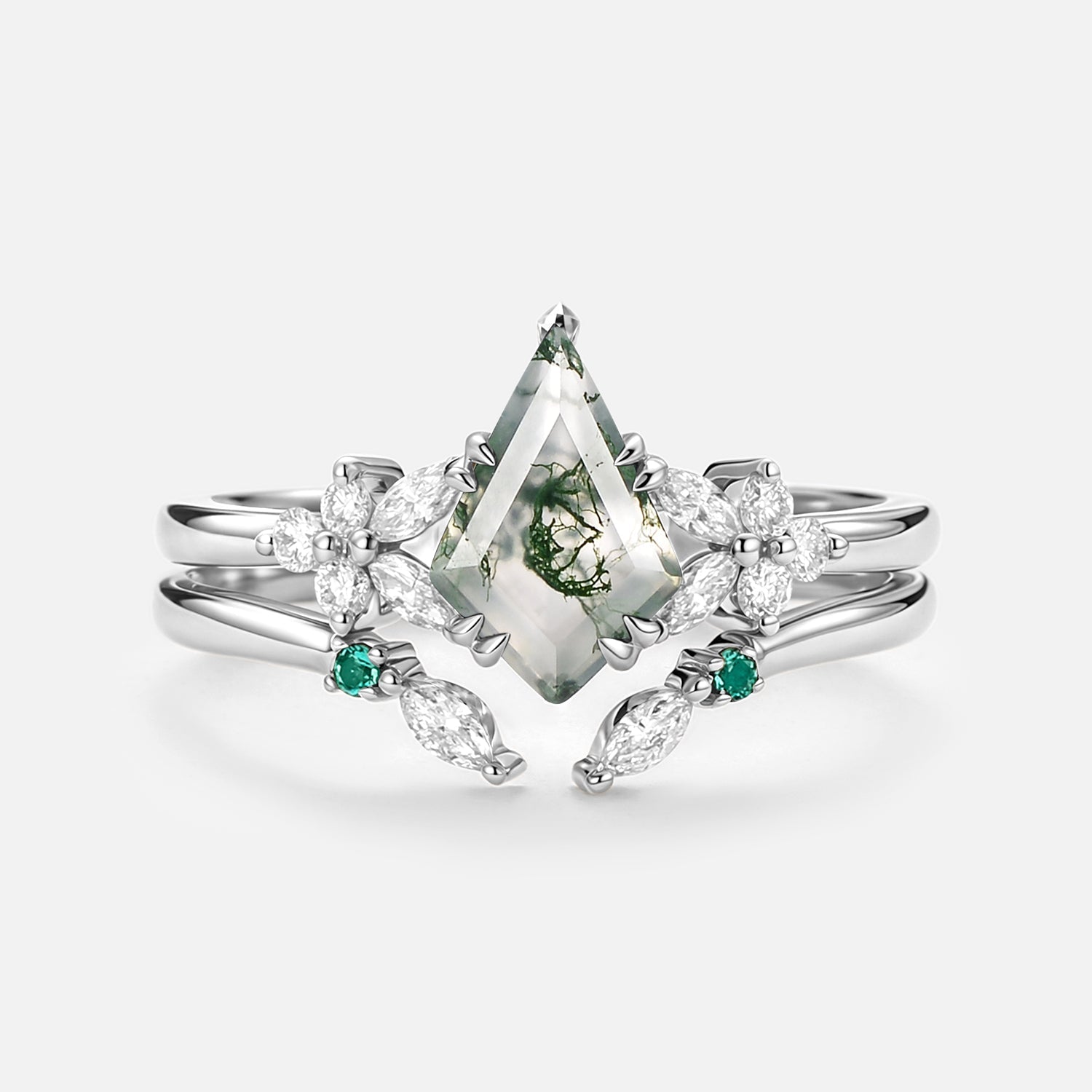 Kite Cut Moss Agate Cluster Engagement Ring Set 2pcs - Lumi