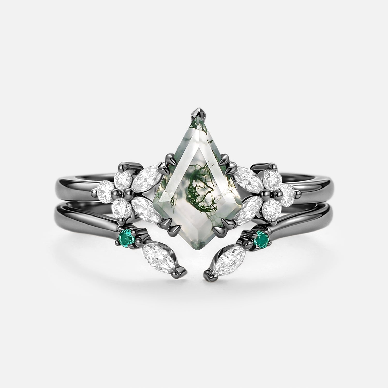Kite Cut Moss Agate Cluster Engagement Ring Set 2pcs - Lumi