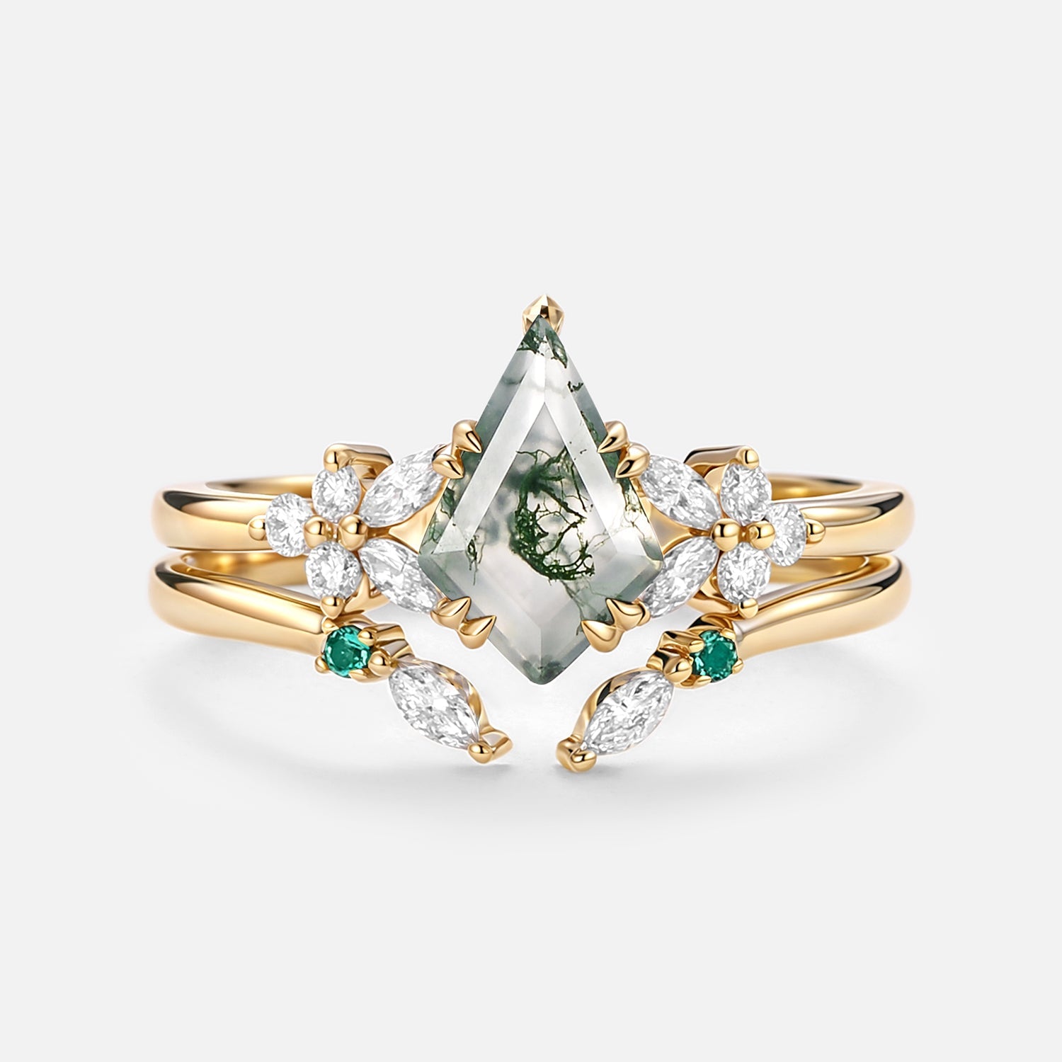 Kite Cut Moss Agate Cluster Engagement Ring Set 2pcs - Lumi