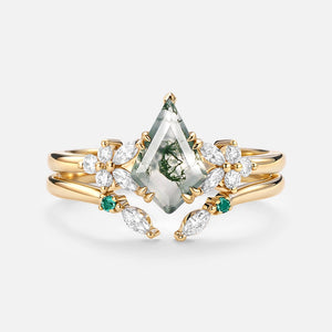 Kite Cut Moss Agate Cluster Engagement Ring Set 2pcs - Lumi