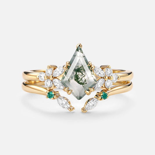 Kite Cut Moss Agate Cluster Engagement Ring Set 2pcs - Lumi