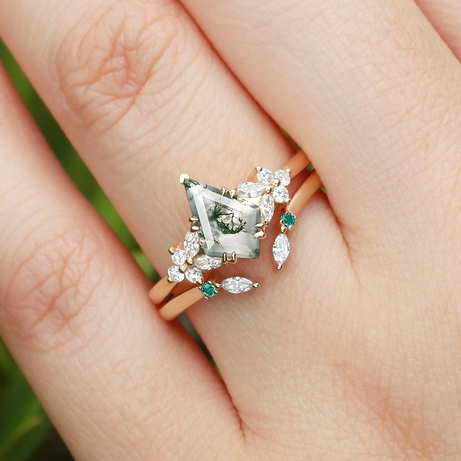 Kite Cut Moss Agate Cluster Engagement Ring Set 2pcs - Lumi