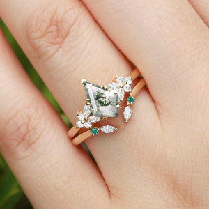 Kite Cut Moss Agate Cluster Engagement Ring Set 2pcs - Lumi