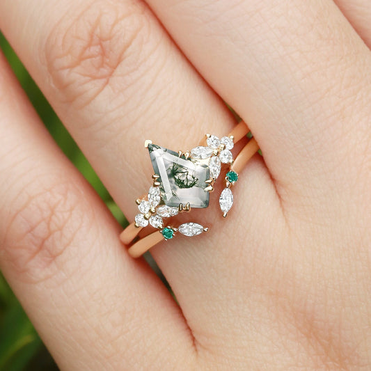 Kite Cut Moss Agate Cluster Engagement Ring Set 2pcs - Lumi