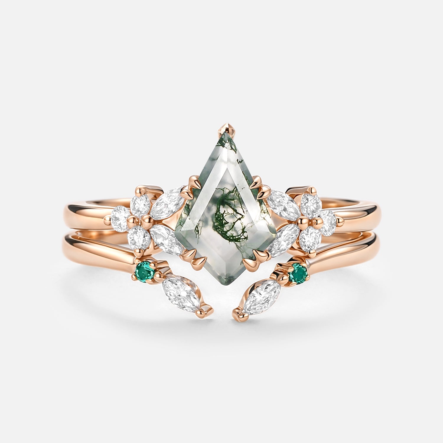 Kite Cut Moss Agate Cluster Engagement Ring Set 2pcs - Lumi