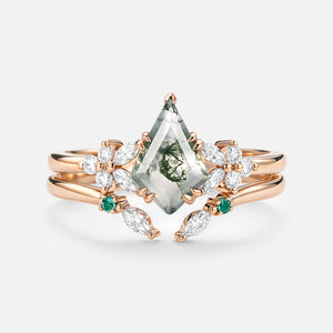 Kite Cut Moss Agate Cluster Engagement Ring Set 2pcs - Lumi