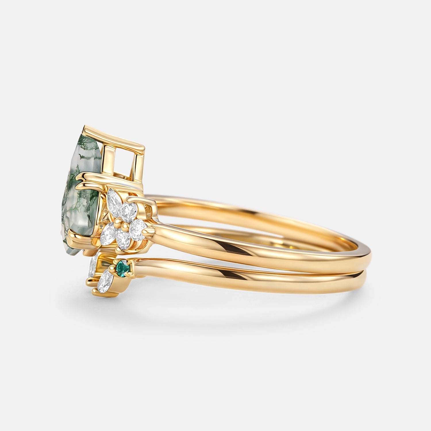 Kite Cut Moss Agate Cluster Engagement Ring Set 2pcs - Lumi