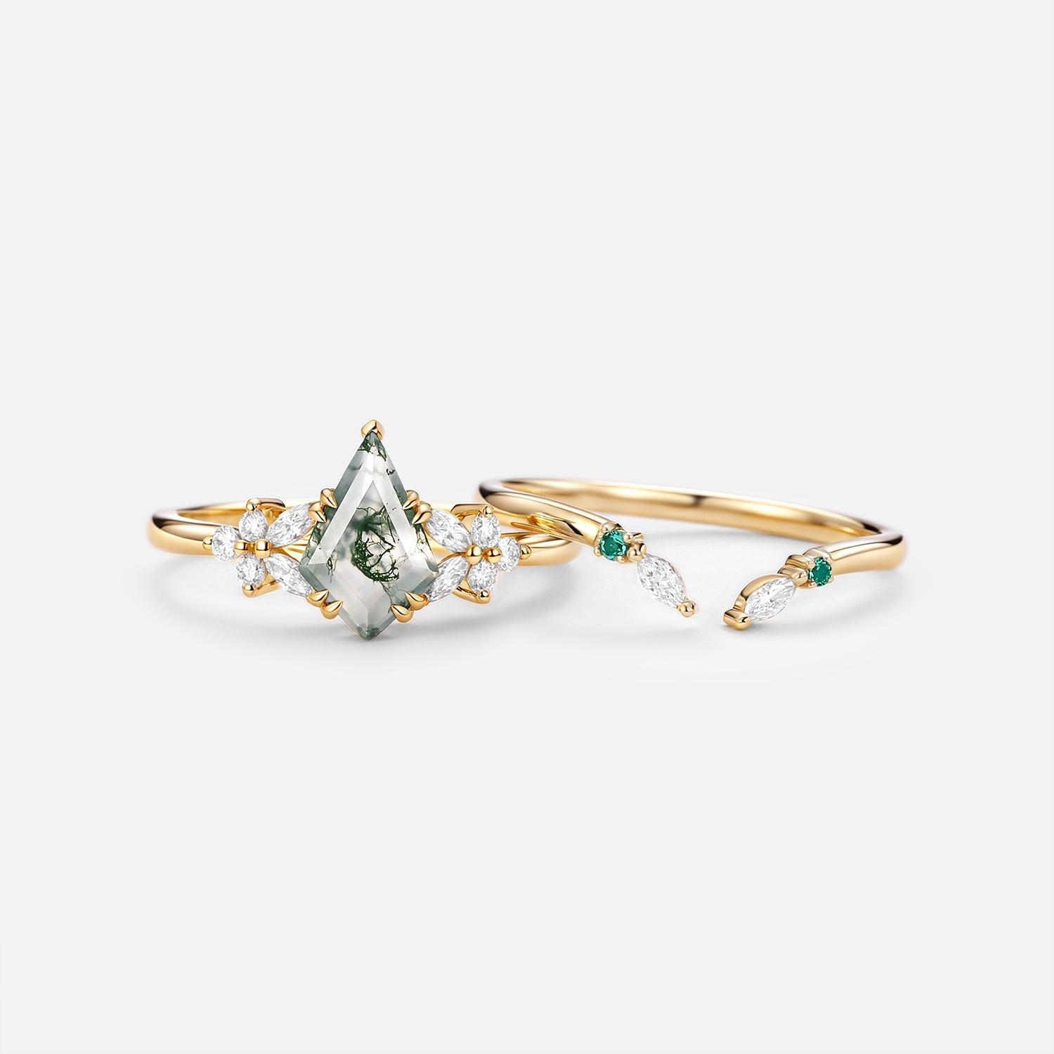 Kite Cut Moss Agate Cluster Engagement Ring Set 2pcs - Lumi