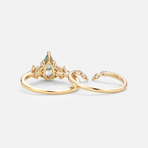 Kite Cut Moss Agate Cluster Engagement Ring Set 2pcs - Lumi