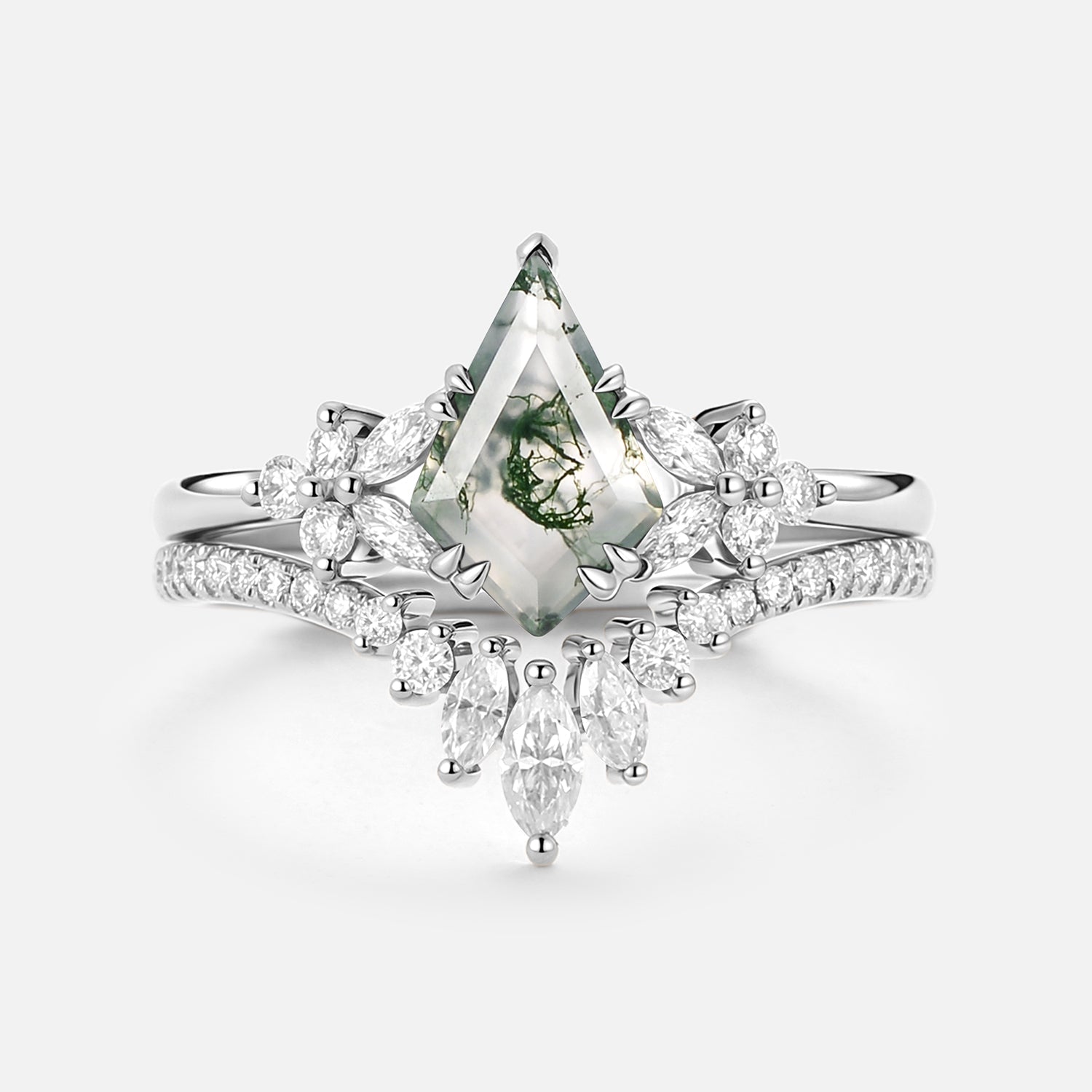 Kite Cut Moss Agate Cluster Engagement Ring Set 2pcs - Sora