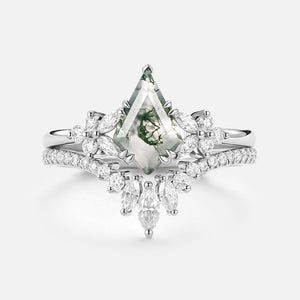Kite Cut Moss Agate Cluster Engagement Ring Set 2pcs - Sora