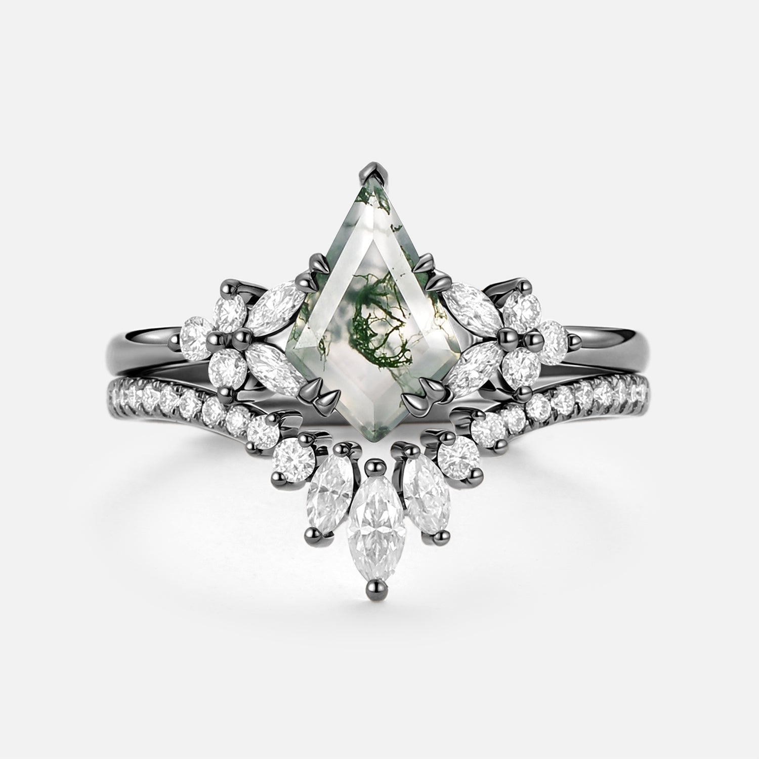 Kite Cut Moss Agate Cluster Engagement Ring Set 2pcs - Sora