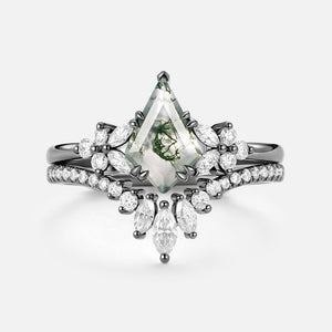 Kite Cut Moss Agate Cluster Engagement Ring Set 2pcs - Sora