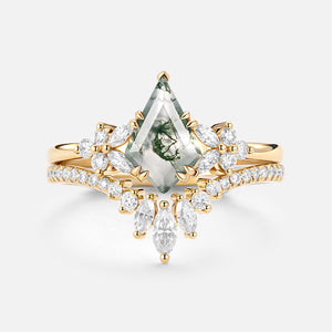 Kite Cut Moss Agate Cluster Engagement Ring Set 2pcs - Sora