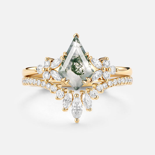 Kite Cut Moss Agate Cluster Engagement Ring Set 2pcs - Sora