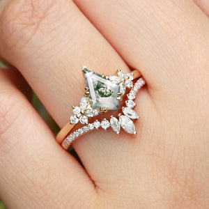 Kite Cut Moss Agate Cluster Engagement Ring Set 2pcs - Sora