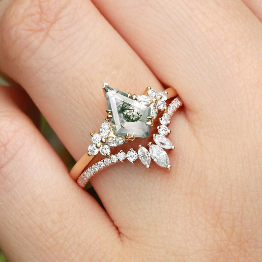 Kite Cut Moss Agate Cluster Engagement Ring Set 2pcs - Sora