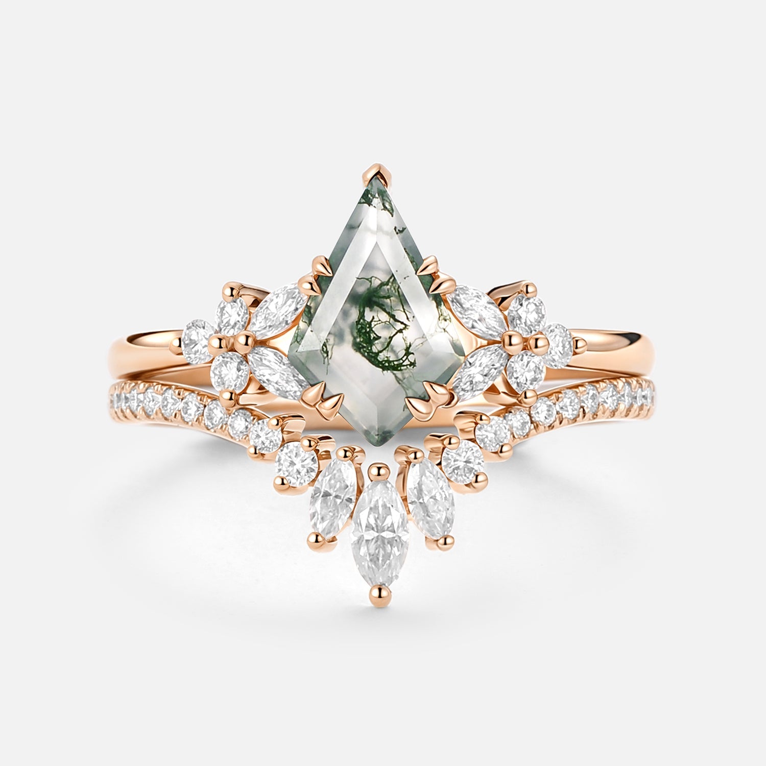 Kite Cut Moss Agate Cluster Engagement Ring Set 2pcs - Sora
