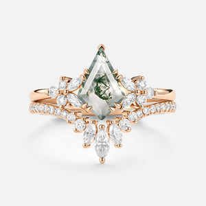 Kite Cut Moss Agate Cluster Engagement Ring Set 2pcs - Sora
