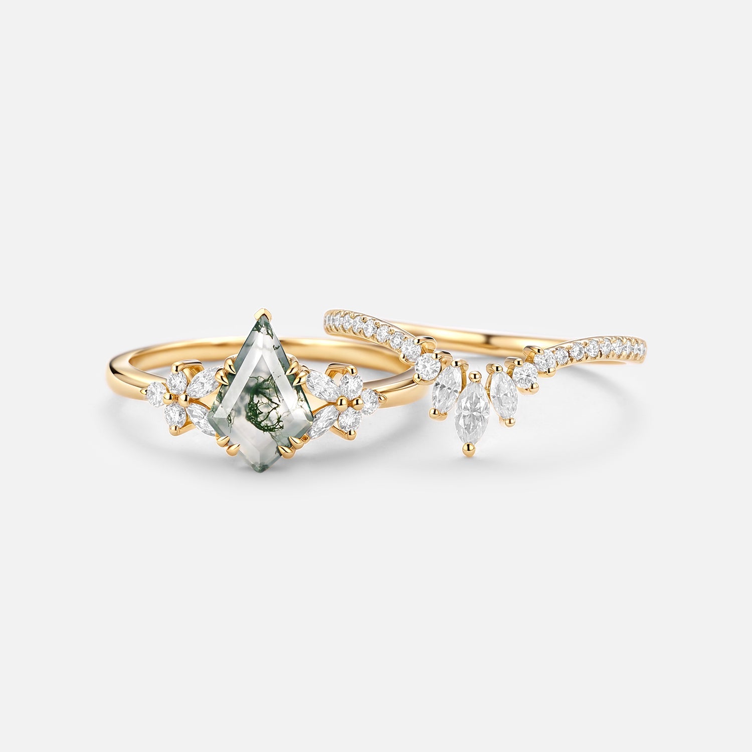 Kite Cut Moss Agate Cluster Engagement Ring Set 2pcs - Sora