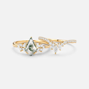 Kite Cut Moss Agate Cluster Engagement Ring Set 2pcs - Sora