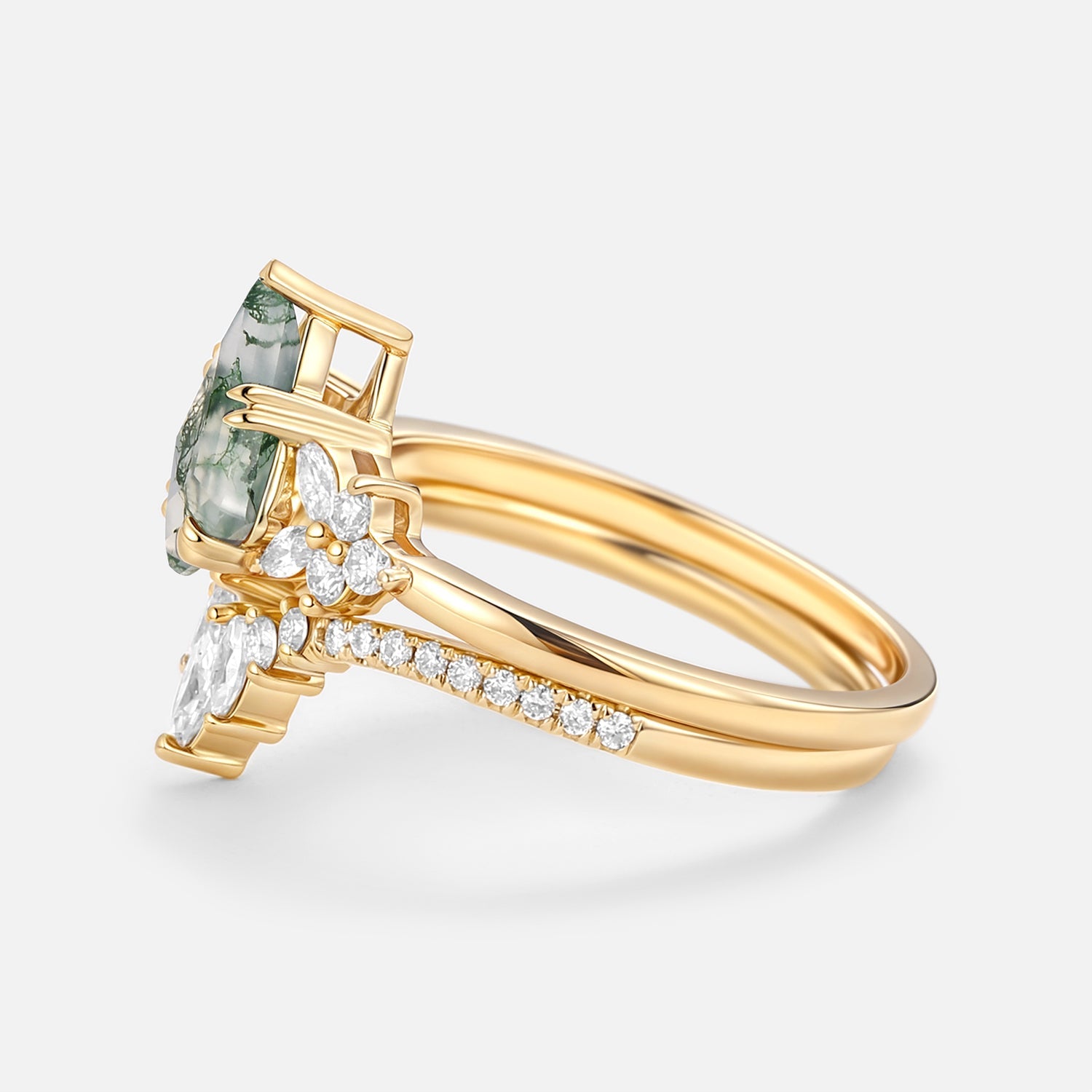 Kite Cut Moss Agate Cluster Engagement Ring Set 2pcs - Sora