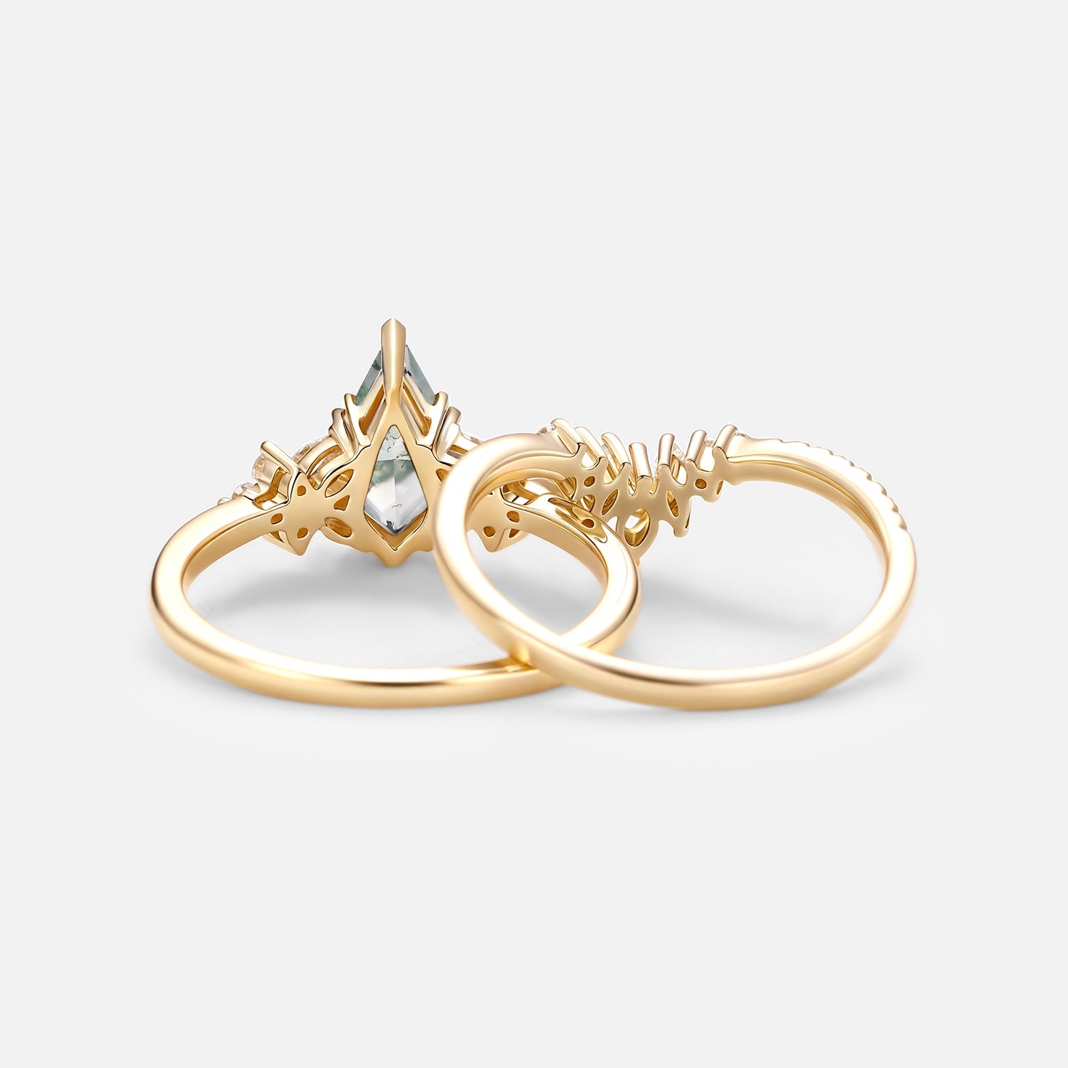 Kite Cut Moss Agate Cluster Engagement Ring Set 2pcs - Sora