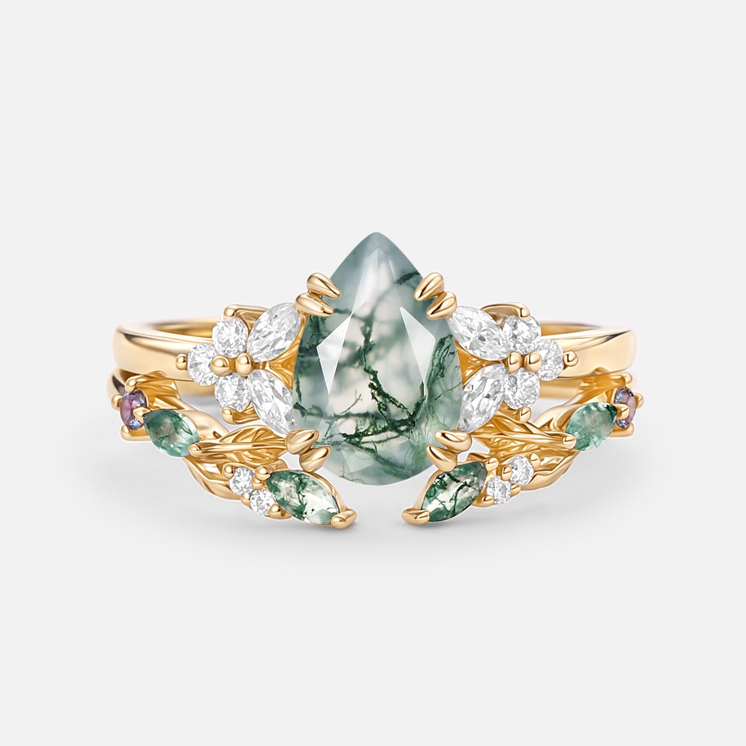 Pear Shaped Moss Agate Leafy Chevron Gold Ring Set 2pcs - Chloris