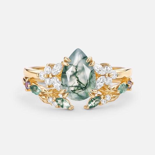 Pear Shaped Moss Agate Leafy Chevron Gold Ring Set 2pcs - Chloris
