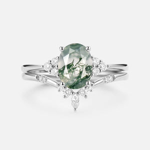 Oval Cut Moss Agate Classic Cluster Gold Ring Set 2pcs - Solara