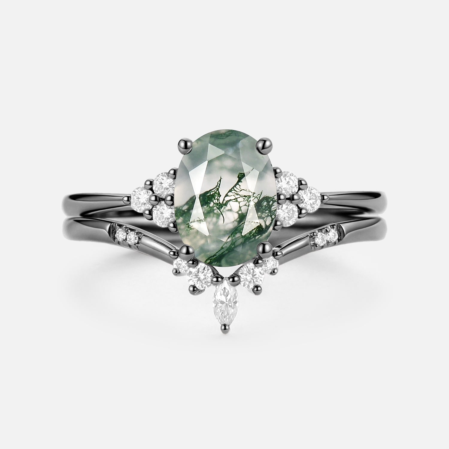 Oval Cut Moss Agate Classic Cluster Gold Ring Set 2pcs - Solara