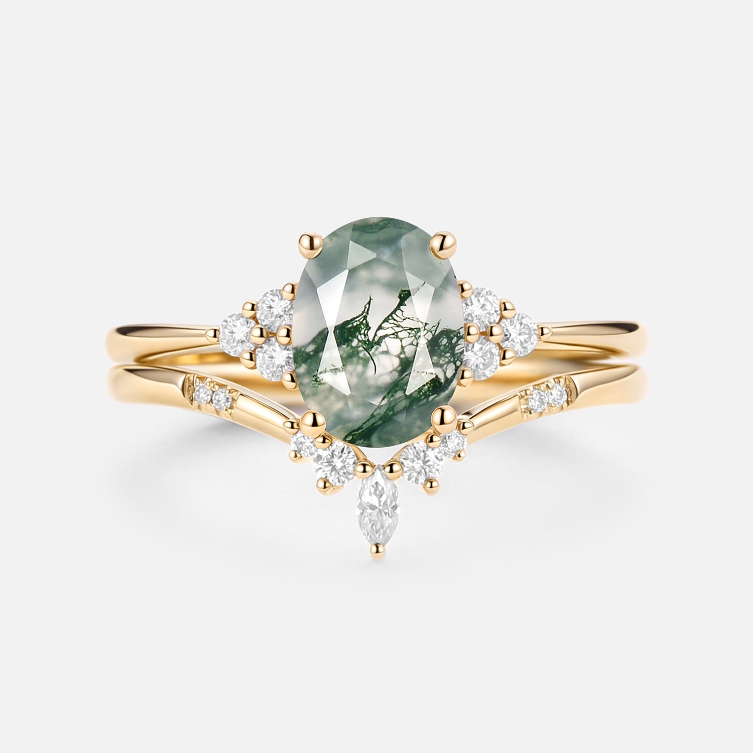 Oval Cut Moss Agate Classic Cluster Gold Ring Set 2pcs - Solara