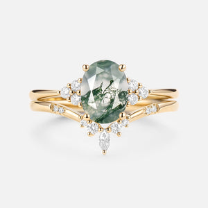 Oval Cut Moss Agate Classic Cluster Gold Ring Set 2pcs - Solara