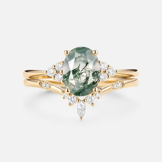 Oval Cut Moss Agate Classic Cluster Gold Ring Set 2pcs - Solara